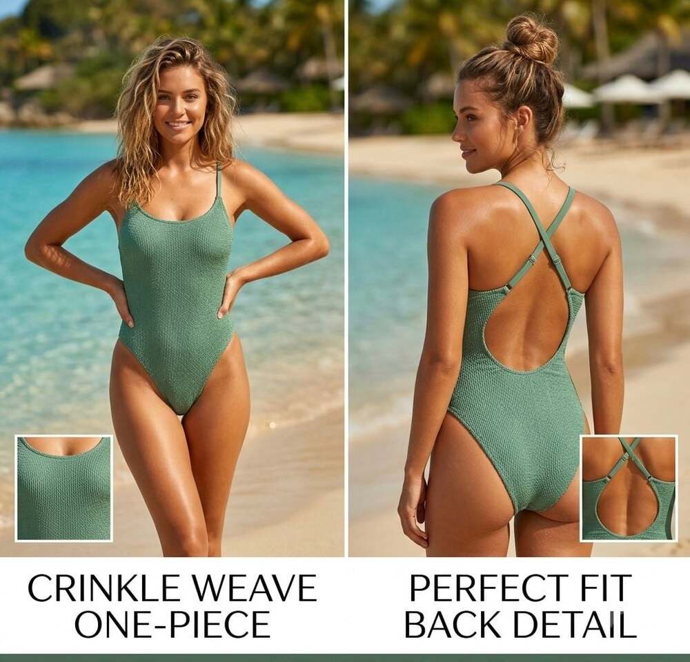 Shade & Shore Women's One Piece Swimsuit Ribbed Plunge Scoop Front Green M (8-10